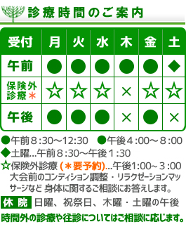 たけむら
接骨院　診療時間・休診日案内・保険外診療は要予約